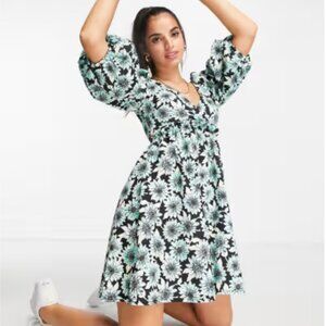 ASOS DESIGN mini textured frill smock dress in aqua daisy floral in US 12